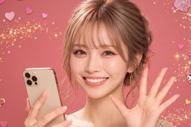 スマホを持って反対の手をパーにする笑顔の女性