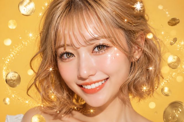 笑顔の若い女性。顔の周りにはコインの装飾。背景は黄色で髪はゆるふわボブ