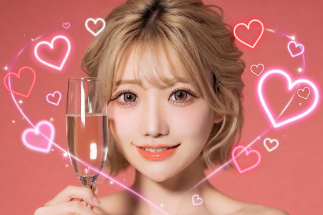 シャンパングラスを頬に当てる若い女性