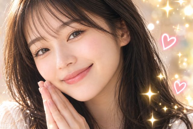 手を顔の横で合わせる笑顔の女性