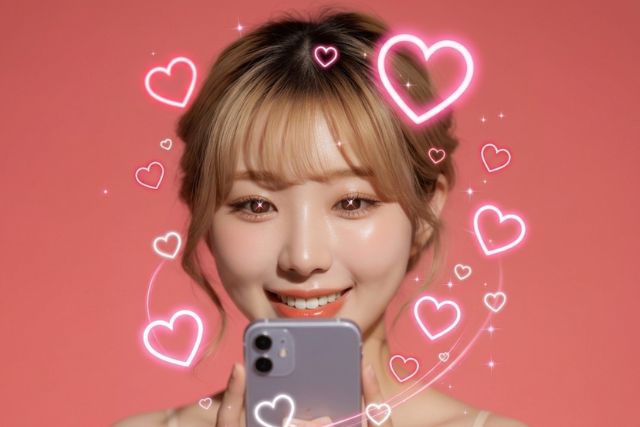 スマホを見ている女性。ハートの装飾