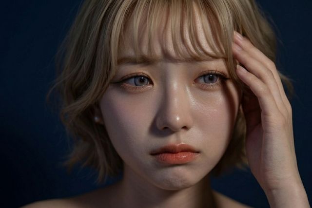 頭を抱えて悲しい表情の若い女性