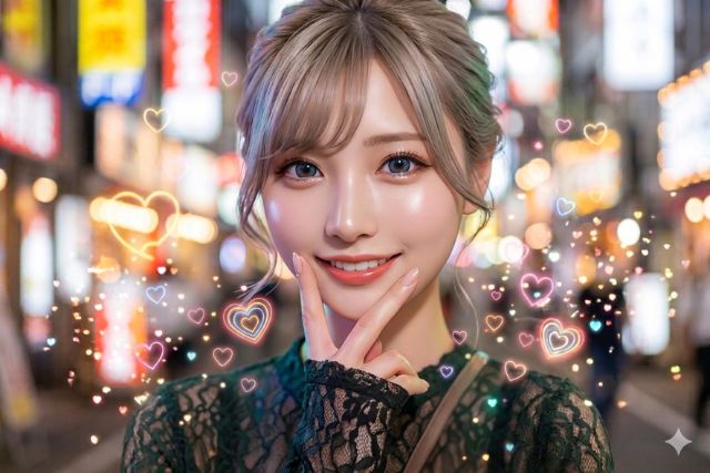 夜の繁華街で顎にピースを当てる若い女性