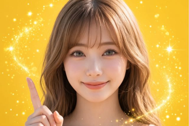 人差し指を立てて笑顔の女性