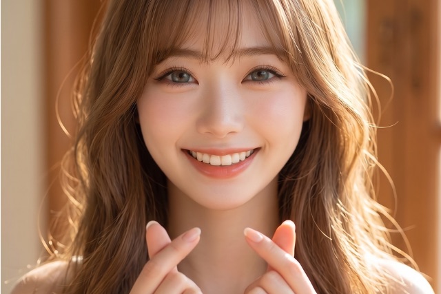 指ハートする女性