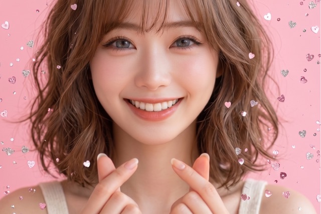 指ハートする女性