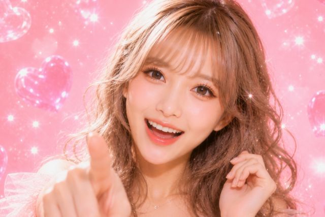 こちらを指差すロングヘアの若い女性