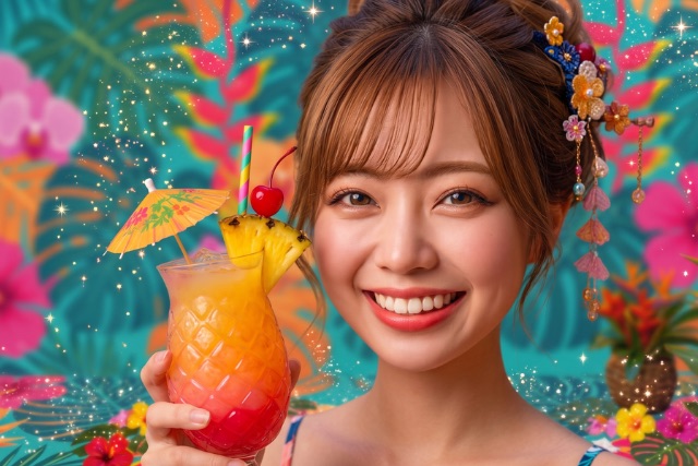 トロピカルカクテルを持つ女性