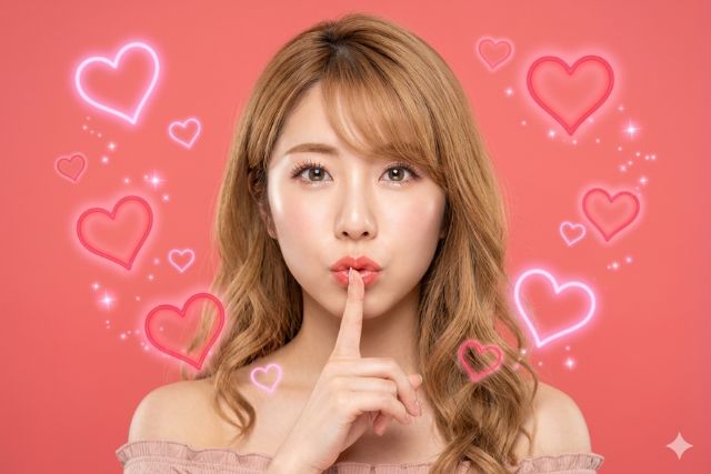 唇に人差し指を当てるブロンドの女性