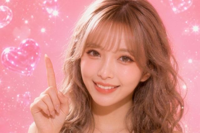人差し指を立てて笑顔の女性