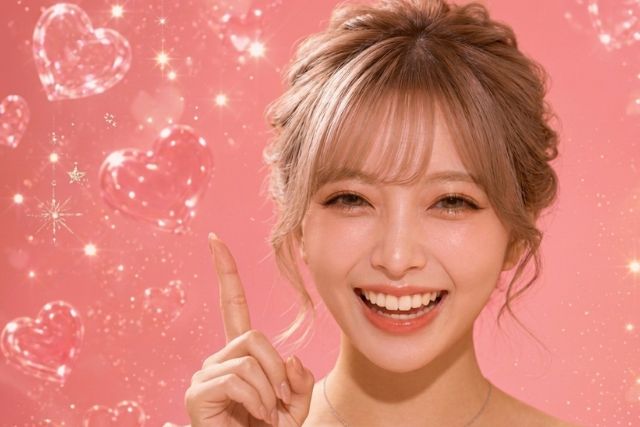 人差し指を立てて笑顔の女性
