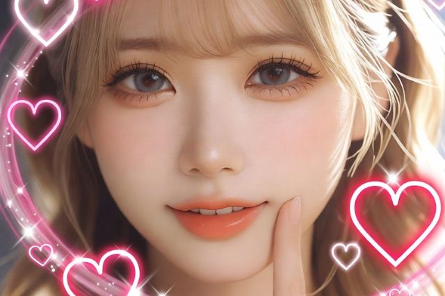 指を頬に当てる女性