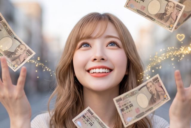 降ってくる一万円札を見ている笑顔の女性