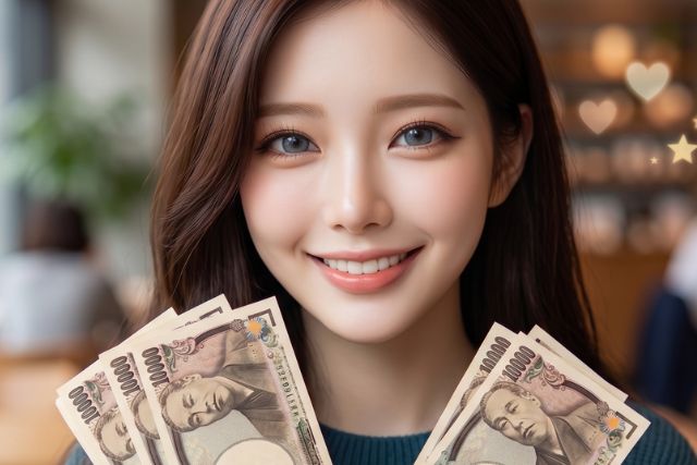 一万円札を持つロングヘアの女性