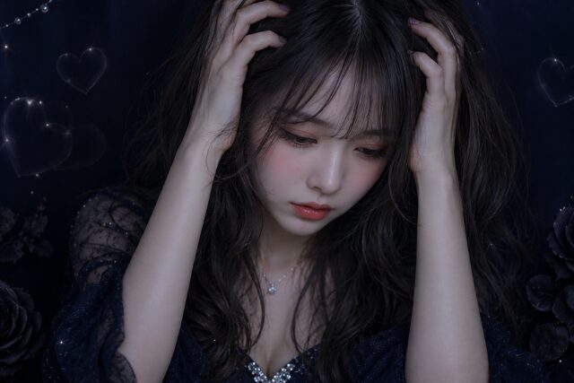 頭を抱えるロングヘアの女性