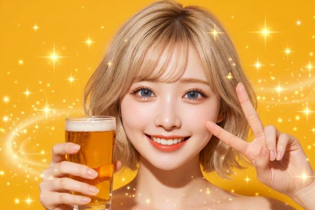 ビールを片手にピースするボブの女性