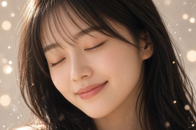 目を瞑って笑顔の女の子