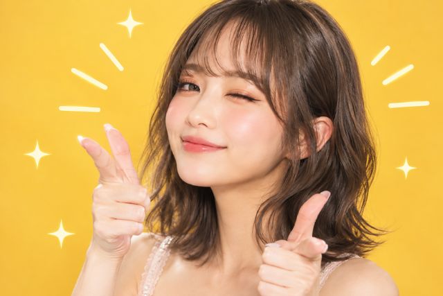 親指と人差し指を立てるウインクする女性