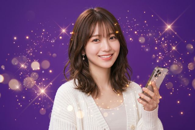 スマホを持って微笑む女性
