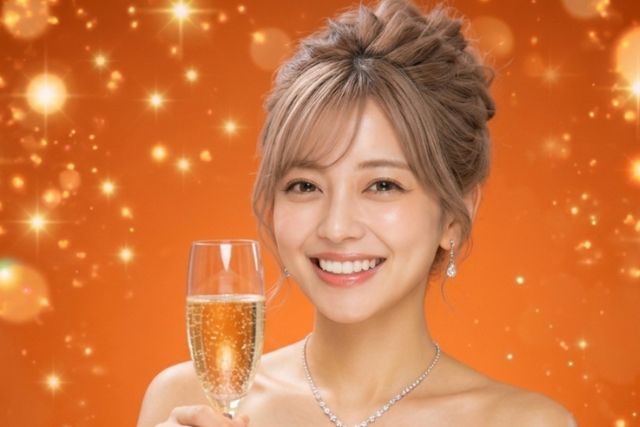 シャンパングラスを持って笑顔の女性
