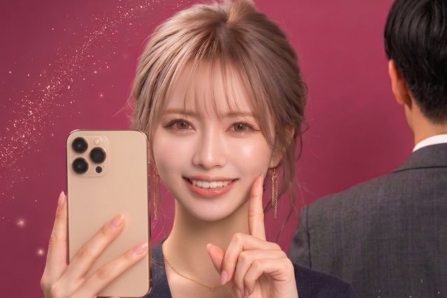 スマホを持つ女性と男性の後ろ姿