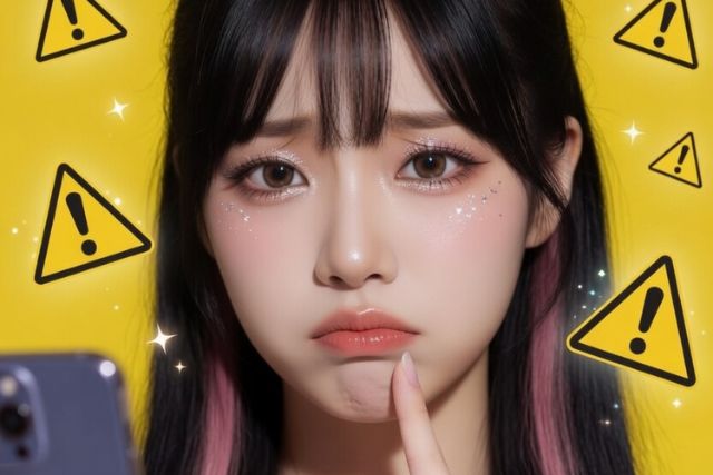 スマホを持って困り顔の女性。注意マークの装飾