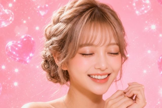 目を瞑って笑顔の髪をアップにした女性
