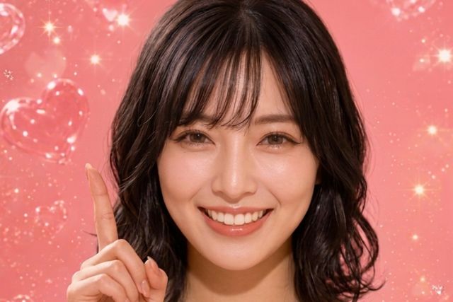 人差し指を立てて笑顔の女性