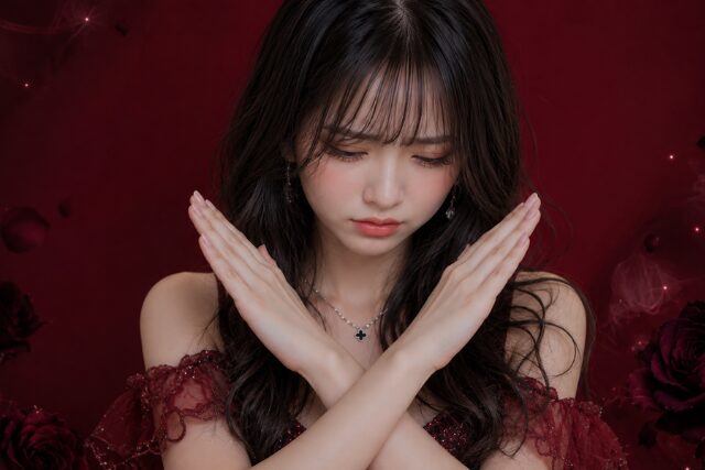 腕をクロスして下を向く女性