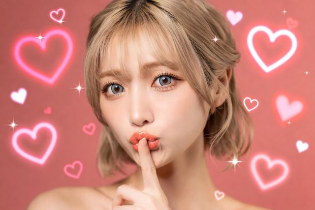 唇に人差し指をあtれるぶりっ子な女性