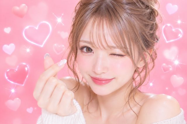 指でハートを作ってウインクしている髪の毛をアップにした女の子