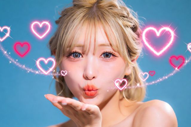 投げキスをする若い女性とハートの装飾