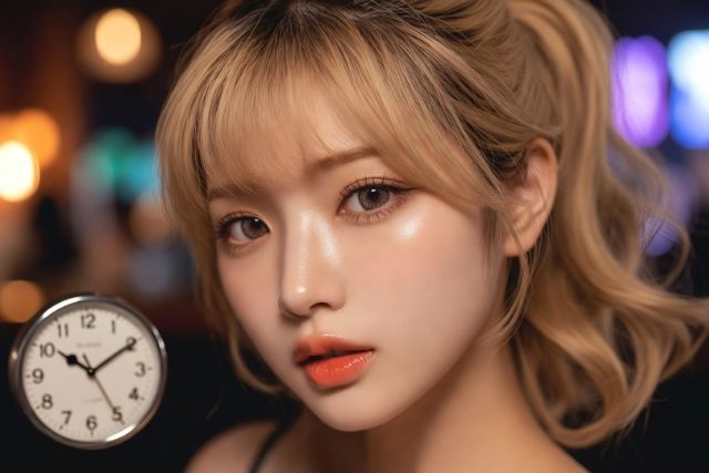 若い金髪の女性の横にアナログの時計