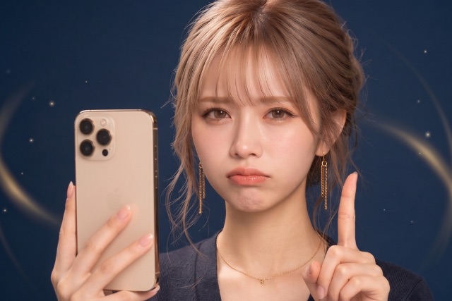 スマホを持って人差し指を立てる不服そうな女性