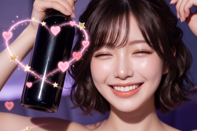 黒いボトルを掲げる女性
