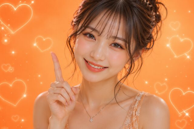 人差し指を立てる笑顔の女性