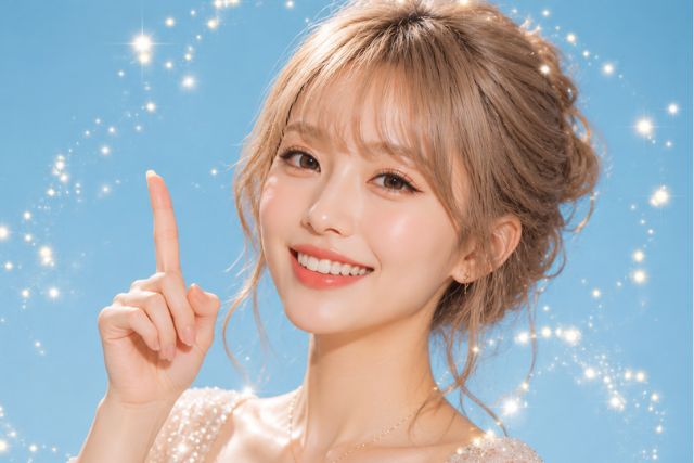 人差し指を立てて笑顔の女性