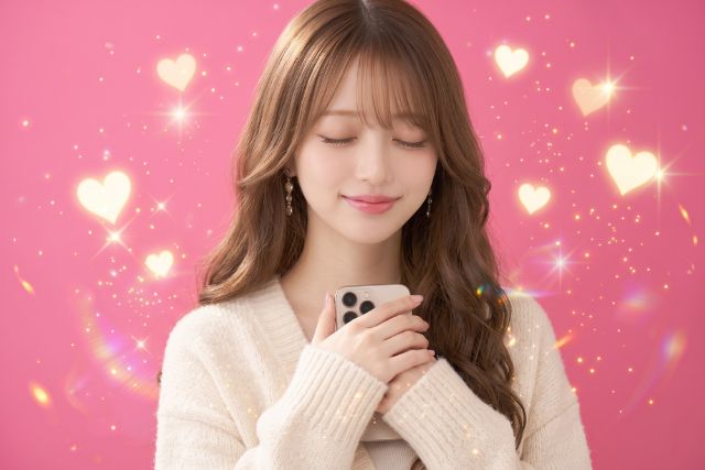 スマホを胸に当てて目を瞑って笑顔の女性