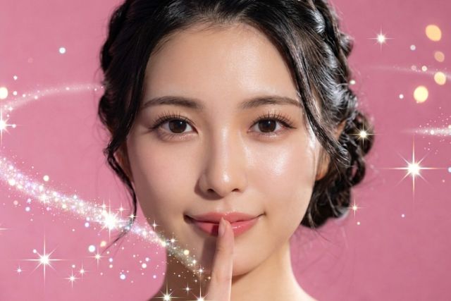 人差し指を唇に当てる黒髪の若い女性