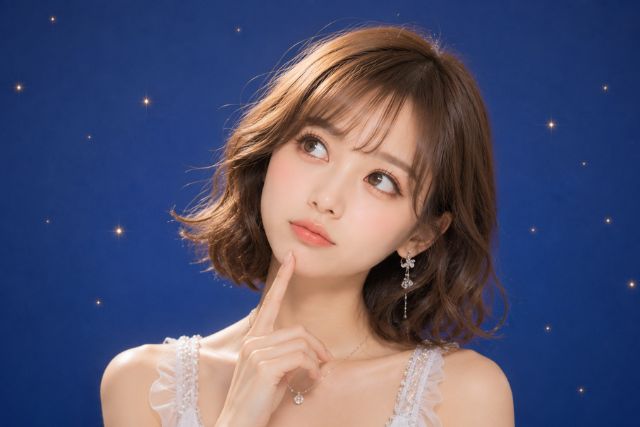 顎に指を当てて首をかしげる女性