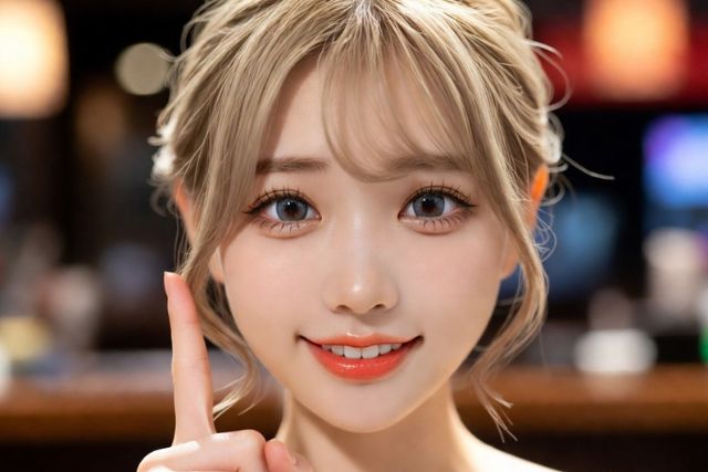 人際指を立てる笑顔の若い女の子