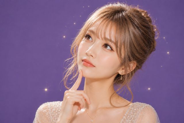 口元に指を当てて首を傾げる女性