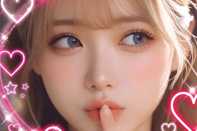 唇に人差し指を当てて横を見る女性