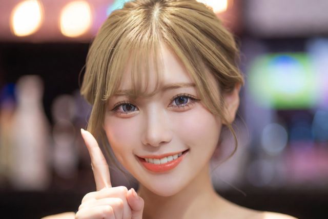 人差し指を立てる笑顔の若い女性