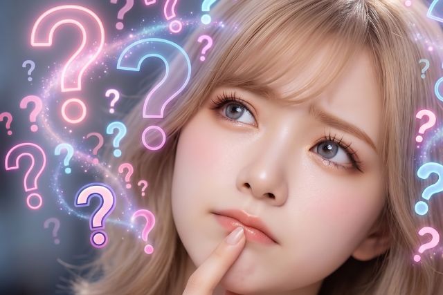 口元に人差し指を当てて首を傾げる女性