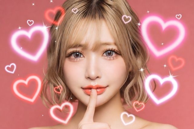 人差し指を唇に当てる若い女性とハートの装飾