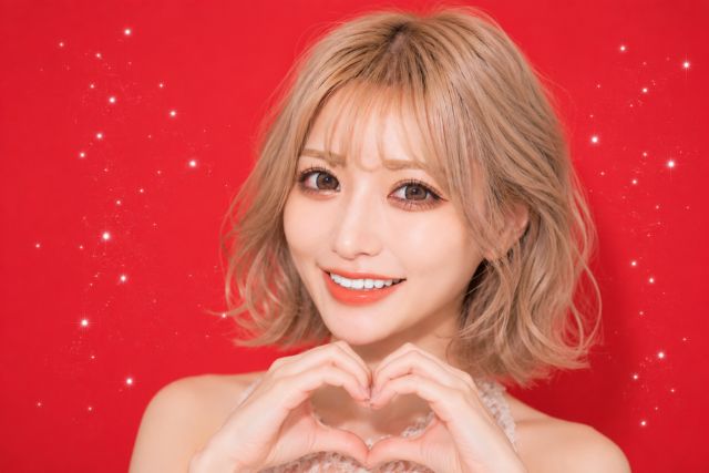 ハートの形を手で作る笑顔の女性