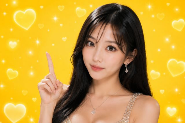 人差し指を立てる黒髪ロングの女性