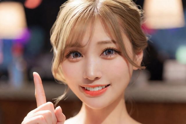 人差し指を立てて笑顔の金髪の女性