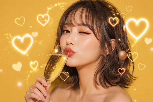 シャンパンを飲んでウインクする女性
